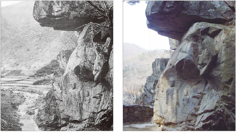 1959년 발견 이듬해에 촬영된 국보84호 서산 마애삼존불상(왼쪽 사진)과 2022년 현재 서산 마애삼존불상(오른쪽 사진). 발견 당시의 사진과 비교된다.