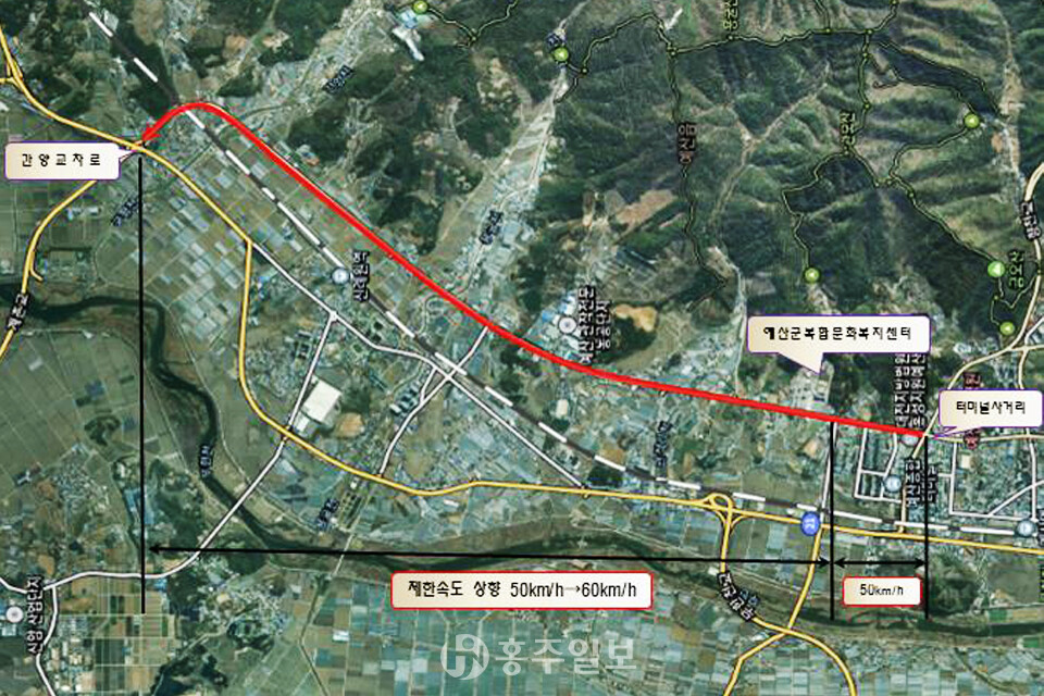 벚꽃로(간양교차로-예산여중삼거리) 제한속도 상향(50km→60km) 위치도.