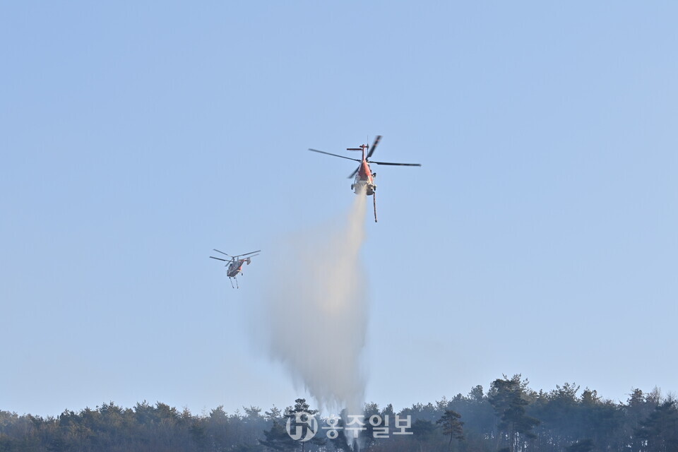 예산 대술면에서 발생한 산불을 진화하는 모습.